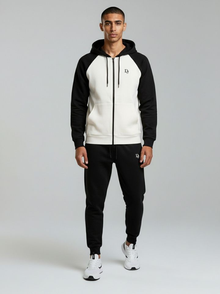 Two-Tone Raglan Zip-Up Hoodie and Jogger Tracksuit Set
